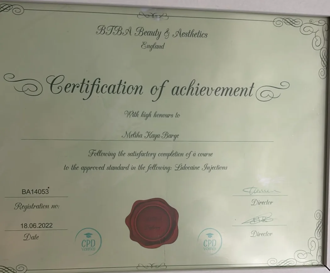 Certificate: Lidocaine (local anaesthetic) injections, BTBA Beauty & Aesthetics, 2022