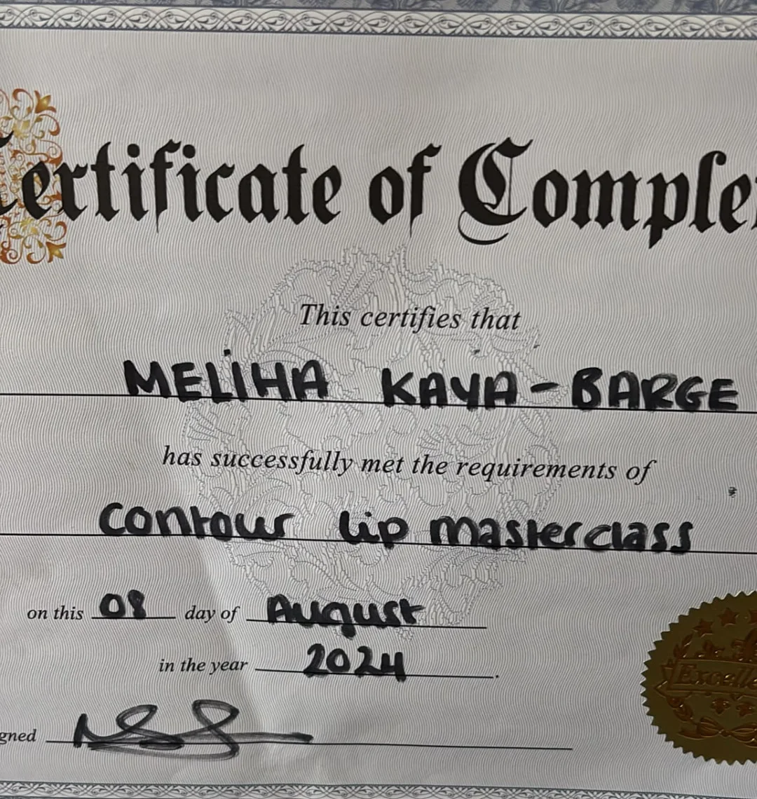 Certificate: Contour Lip Masterclass, Certificate of completion, 2024