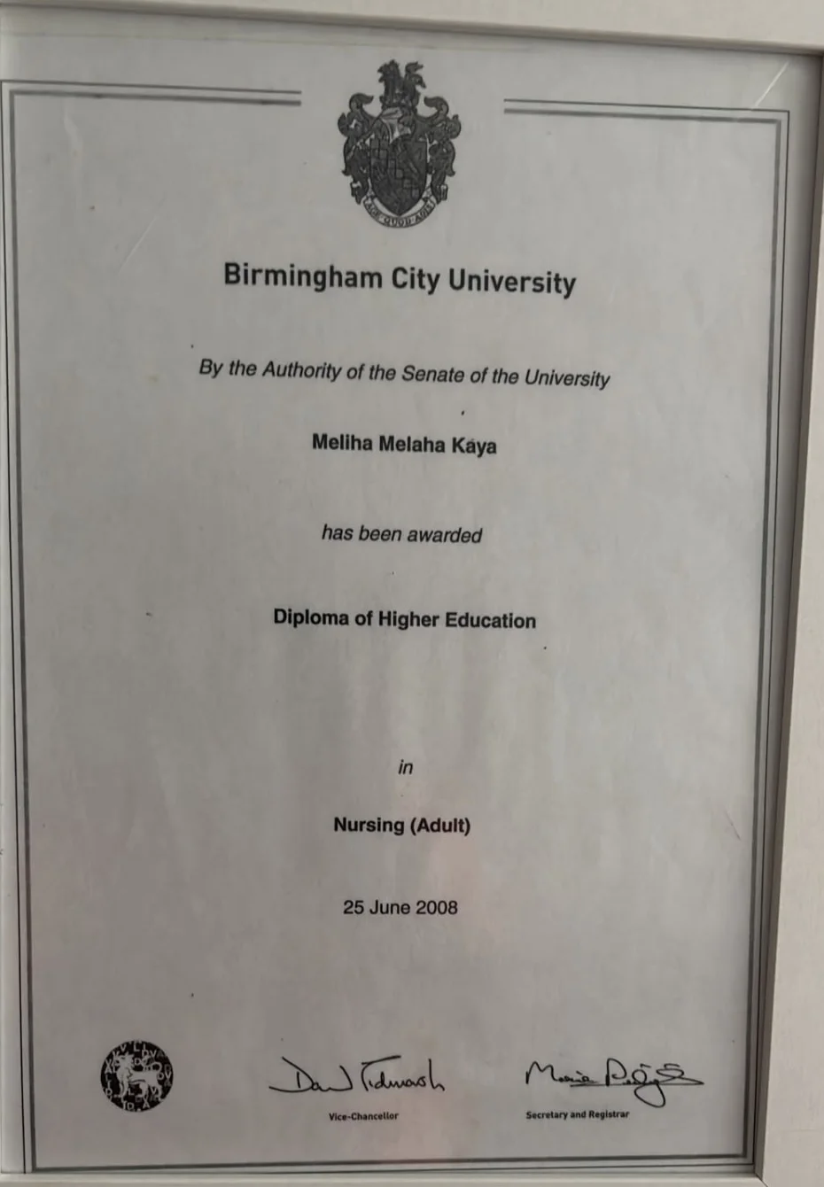 Certificate: Diploma of Higher Education in Nursing (Adult), Birmingham City University, 2008