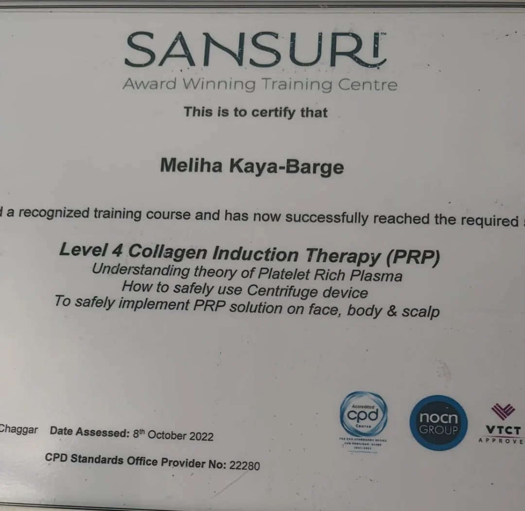 Certificate: Level 4 Collagen Induction Therapy (PRP), Sansuri Training Centre, 2022