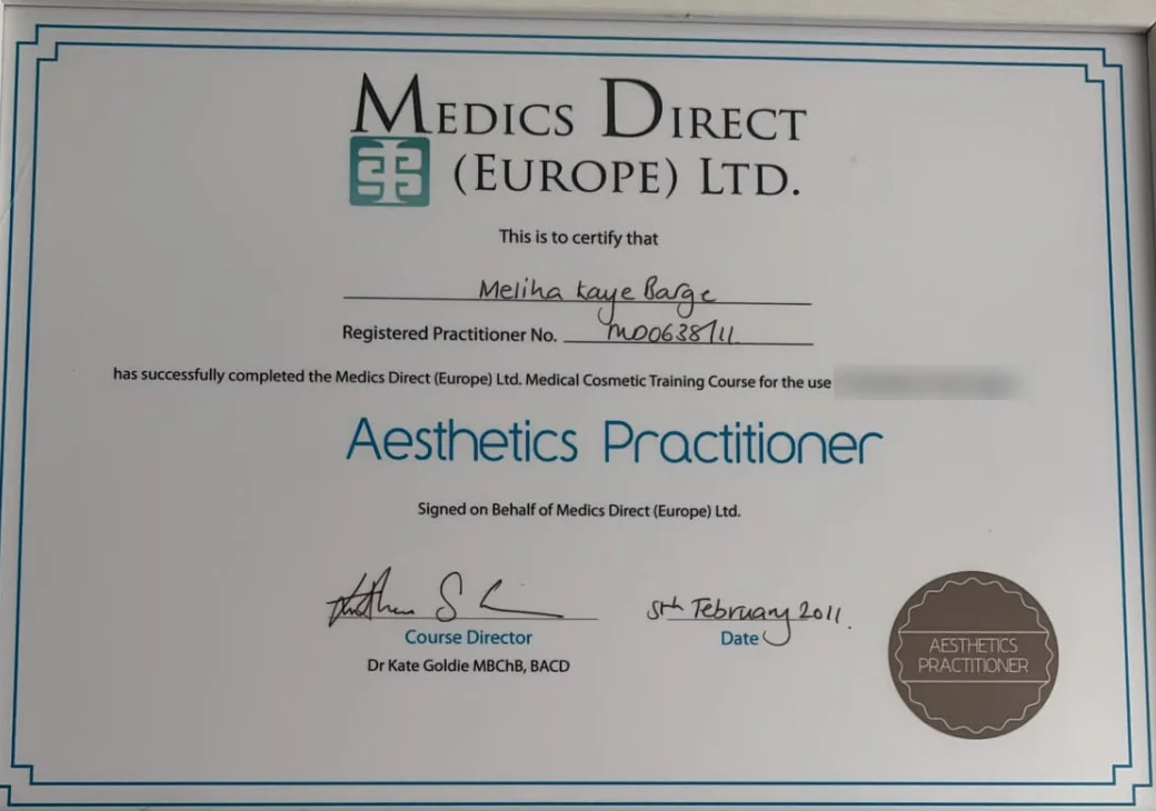 Certificate: Aesthetics Practitioner: anti-wrinkle injections, Medics Direct (Europe) Ltd, 2011
