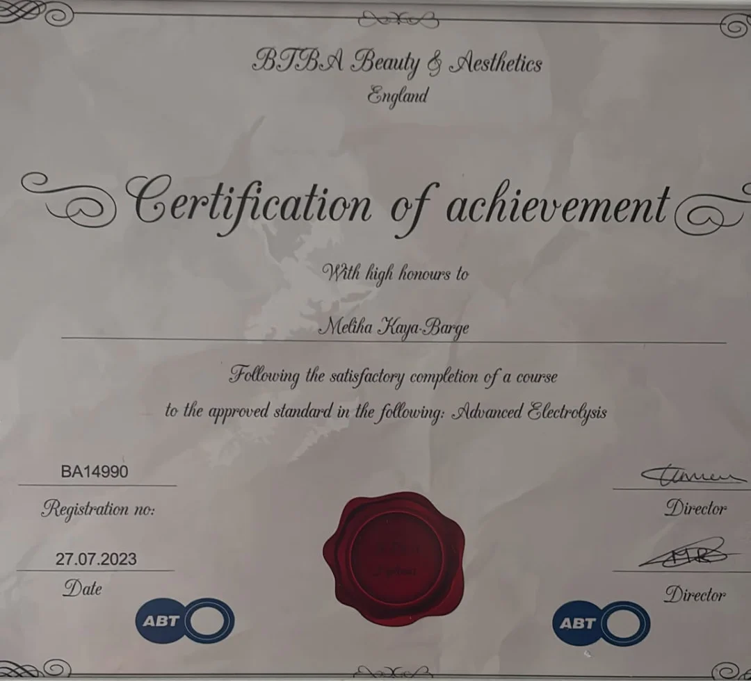 Certificate: Advanced Electrolysis, BTBA Beauty & Aesthetics, 2023