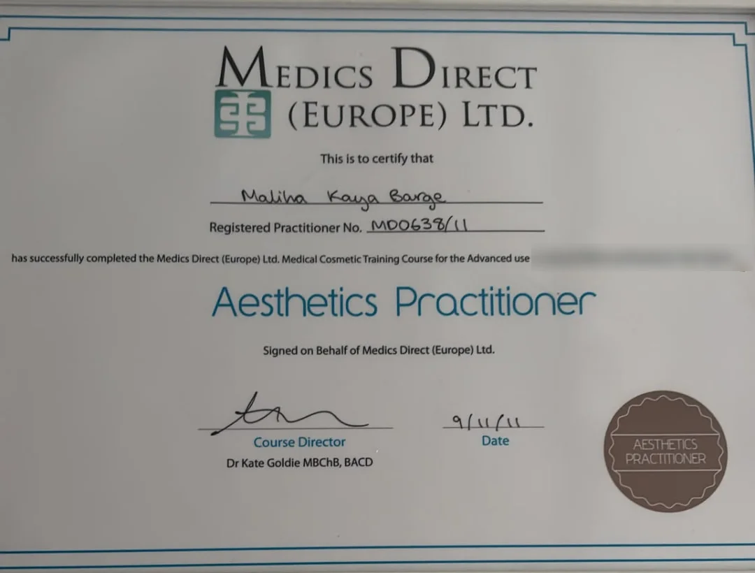 Certificate: Aesthetics Practitioner: advanced dermal fillers and anti-wrinkle injections, Medics Direct (Europe) Ltd, 2011