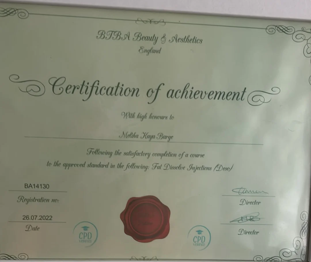 Certificate: Fat dissolving injections, BTBA Beauty & Aesthetics, 2022
