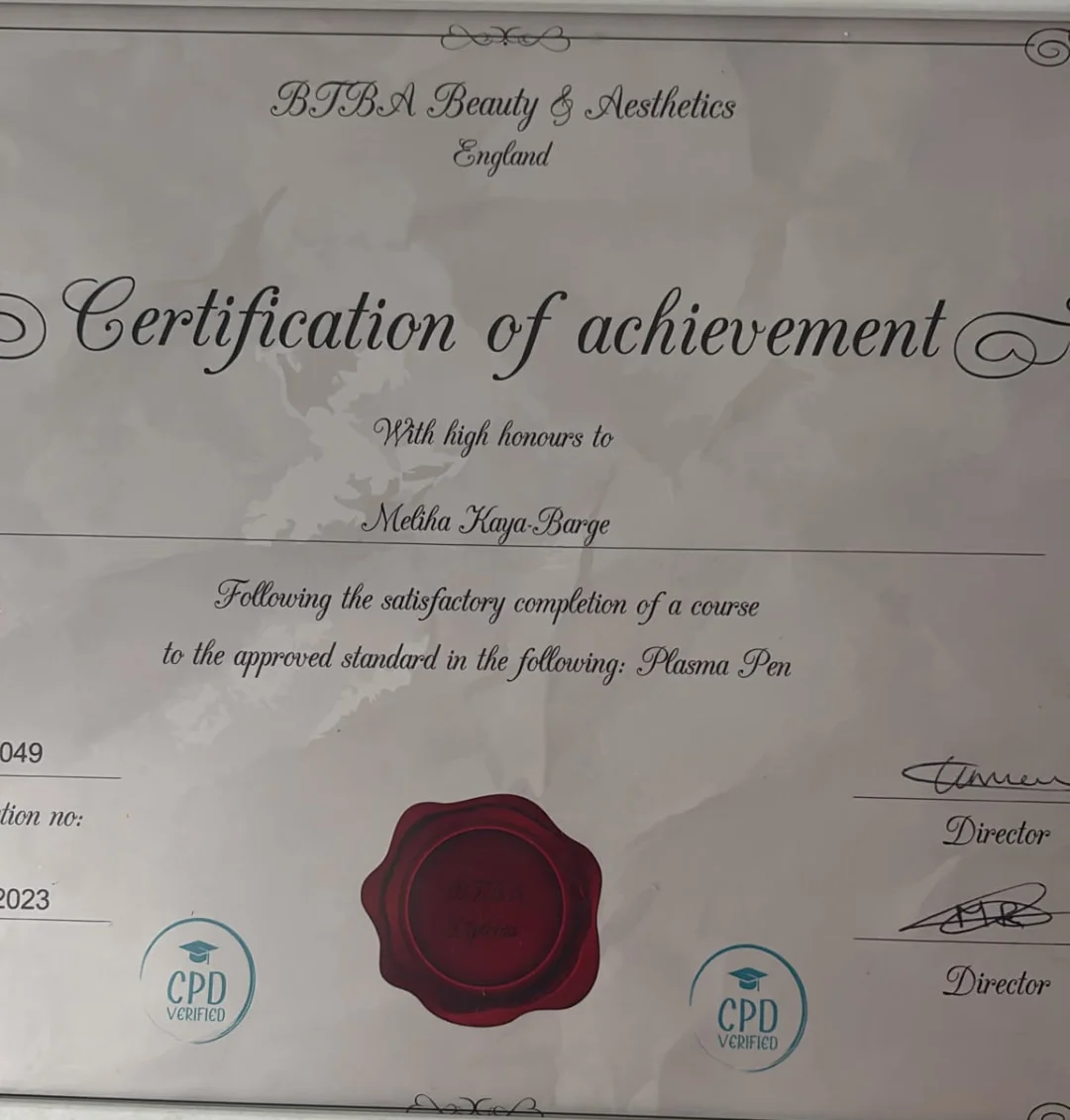 Certificate: Plasma Pen, BTBA Beauty & Aesthetics, 2023